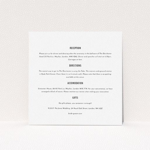 Wedding Information Sheet Design - "Target practice" A wedding information sheet design called "Target practice". It is a square (148mm x 148mm) card in a square orientation. "Target practice" is available as a flat card, with mainly white colouring.