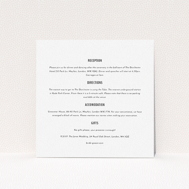 A wedding information sheet design called "Target practice". It is a square (148mm x 148mm) card in a square orientation. "Target practice" is available as a flat card, with mainly white colouring.