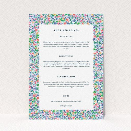 Wedding Information Sheet Design - "The faraway garden" A wedding information sheet template titled "The faraway garden". It is an A5 card in a portrait orientation. "The faraway garden" is available as a flat card, with mainly blue colouring.