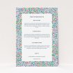 A wedding information sheet template titled "The faraway garden". It is an A5 card in a portrait orientation. "The faraway garden" is available as a flat card, with mainly blue colouring.