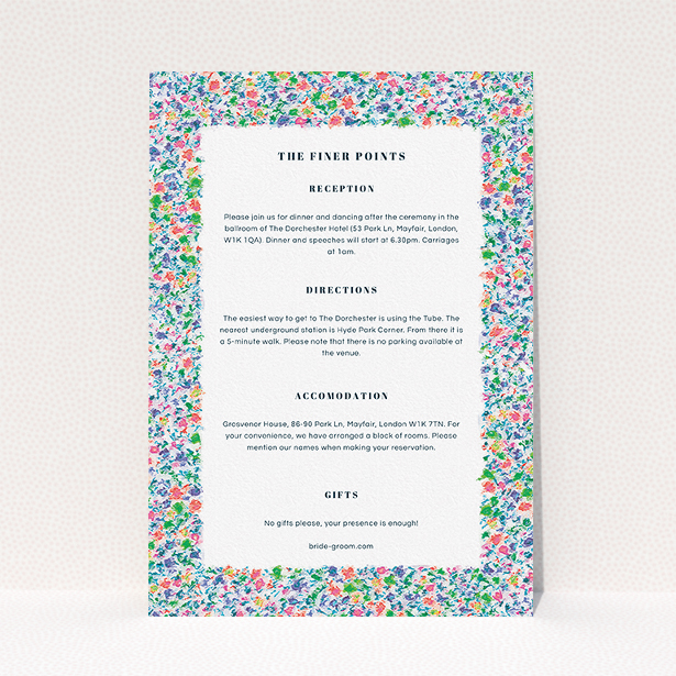 A wedding information sheet template titled "The faraway garden". It is an A5 card in a portrait orientation. "The faraway garden" is available as a flat card, with mainly blue colouring.