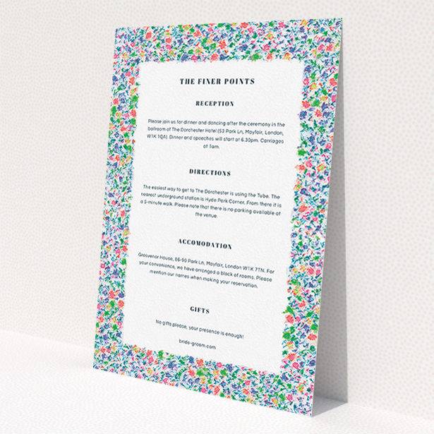 A wedding information sheet template titled "The faraway garden". It is an A5 card in a portrait orientation. "The faraway garden" is available as a flat card, with mainly blue colouring.