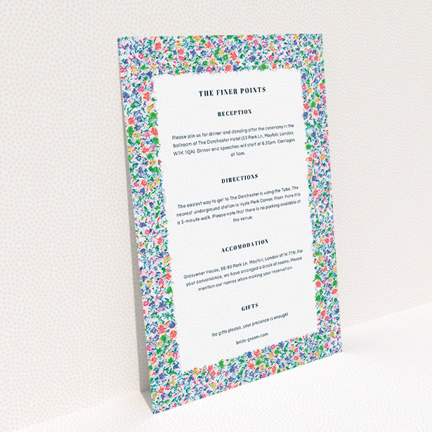 A wedding information sheet template titled "The faraway garden". It is an A5 card in a portrait orientation. "The faraway garden" is available as a flat card, with mainly blue colouring.