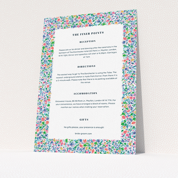 A wedding information sheet template titled "The faraway garden". It is an A5 card in a portrait orientation. "The faraway garden" is available as a flat card, with mainly blue colouring.