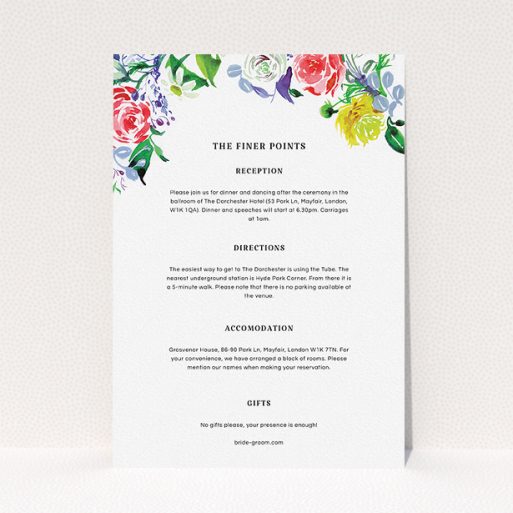 Wedding Information Sheet Design - "The flowerbed" A wedding information sheet called "The flowerbed". It is an A5 card in a portrait orientation. "The flowerbed" is available as a flat card, with tones of white and red.