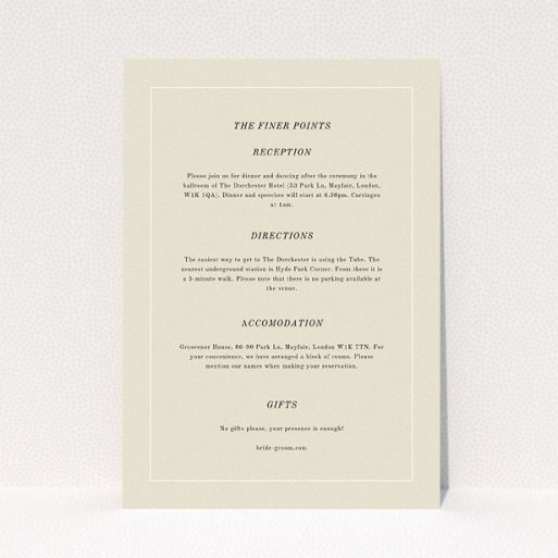 Wedding Information Sheet Design - "Three line border" A wedding information sheet named "Three line border". It is an A5 card in a portrait orientation. "Three line border" is available as a flat card, with mainly cream colouring.