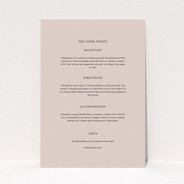 A wedding information sheet named "To the left". It is an A5 card in a portrait orientation. "To the left" is available as a flat card, with mainly faded cream colouring.