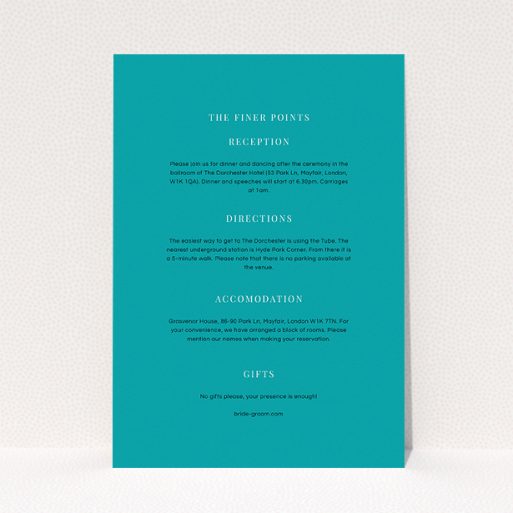 Wedding Information Insert Sheets - To The Right (Green) A wedding information sheet template titled "To the right". It is an A5 card in a portrait orientation. "To the right" is available as a flat card, with tones of teal and white.