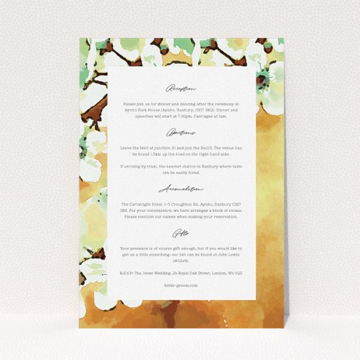 Wedding Information Sheet Design - "Vintage Blossom" A wedding information sheet design named "Vintage Blossom". It is an A5 card in a portrait orientation. "Vintage Blossom" is available as a flat card, with tones of light brown and mint green.