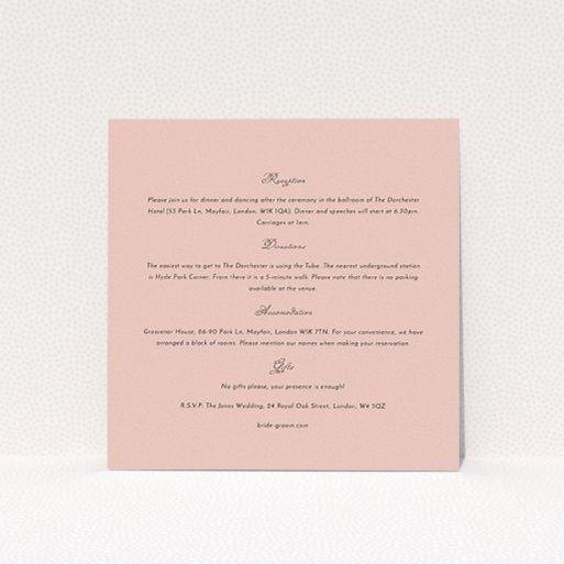 Wedding Information Insert Sheets - Wedding Bells (Pink) A wedding information sheet called "Wedding bells". It is a square (148mm x 148mm) card in a square orientation. "Wedding bells" is available as a flat card, with mainly light pink colouring.