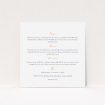 A wedding information sheet called "Wedding bells". It is a square (148mm x 148mm) card in a square orientation. "Wedding bells" is available as a flat card, with mainly white colouring.