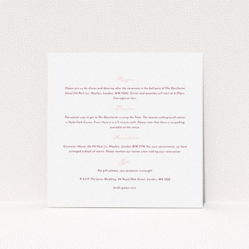 Wedding Information Insert Sheets - Wedding Bells (Pink And White) A wedding information sheet design titled "Wedding bells". It is a square (148mm x 148mm) card in a square orientation. "Wedding bells" is available as a flat card, with mainly white colouring.