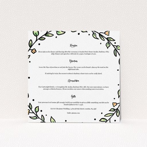 Wedding Information Sheet Design - "Wreath Outline" A wedding information sheet called "Wreath Outline". It is a square (148mm x 148mm) card in a square orientation. "Wreath Outline" is available as a flat card, with tones of white and green.