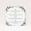 A wedding information sheet called "Wreath Outline". It is a square (148mm x 148mm) card in a square orientation. "Wreath Outline" is available as a flat card, with tones of white and green.