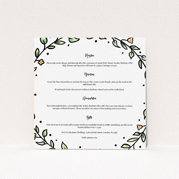 A wedding information sheet called "Wreath Outline". It is a square (148mm x 148mm) card in a square orientation. "Wreath Outline" is available as a flat card, with tones of white and green.