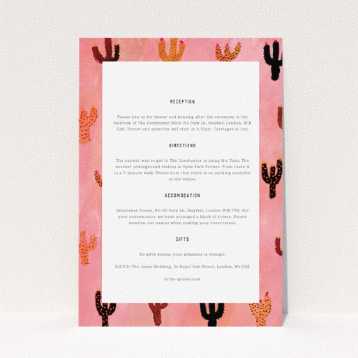 Wedding Insert Card Design - "Albuquerque" A wedding insert card design named "Albuquerque". It is an A5 card in a portrait orientation. "Albuquerque" is available as a flat card, with tones of dark pink and orange.