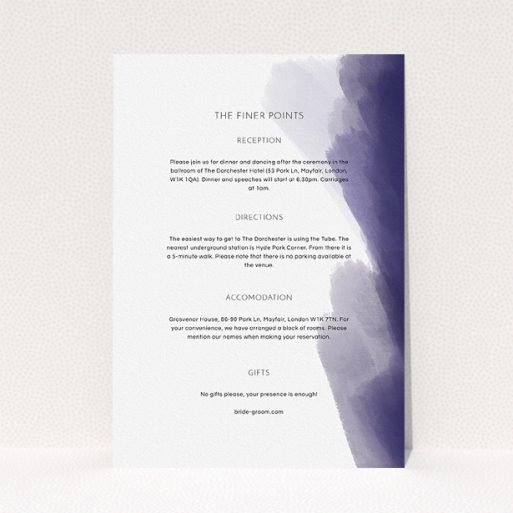 Wedding Insert Card Design - "Blue and Cream" A wedding insert card named "Blue and Cream". It is an A5 card in a portrait orientation. "Blue and Cream" is available as a flat card, with tones of blue and white.