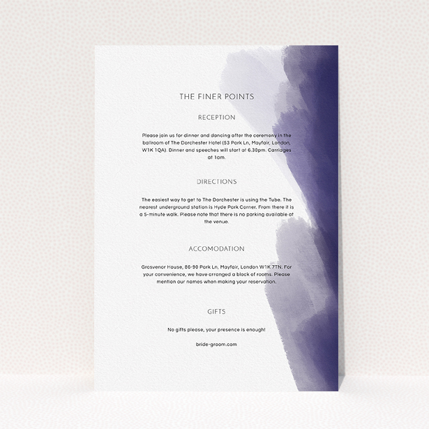 A wedding insert card named "Blue and Cream". It is an A5 card in a portrait orientation. "Blue and Cream" is available as a flat card, with tones of blue and white.