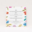 A wedding insert card template titled "Botanical Pop". It is a square (148mm x 148mm) card in a square orientation. "Botanical Pop" is available as a flat card, with tones of white and red.