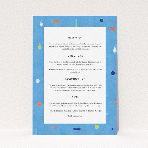 Wedding Insert Card Design - "Capri" A wedding insert card template titled "Capri". It is an A5 card in a portrait orientation. "Capri" is available as a flat card, with tones of blue and green.