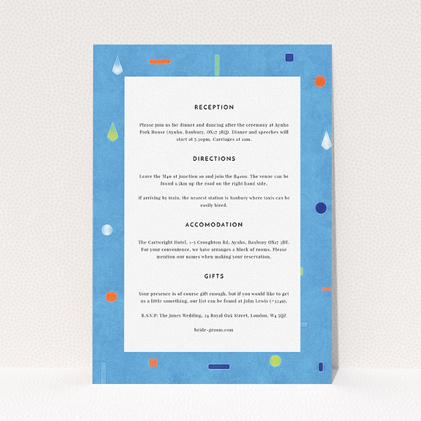 A wedding insert card template titled "Capri". It is an A5 card in a portrait orientation. "Capri" is available as a flat card, with tones of blue and green.