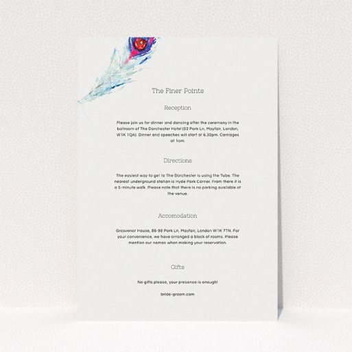 Wedding Insert Card Design - "Feather in the corner" A wedding insert card called "Feather in the corner". It is an A5 card in a portrait orientation. "Feather in the corner" is available as a flat card, with mainly white colouring.