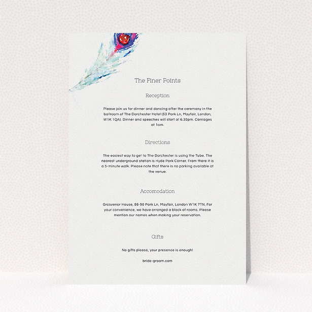 A wedding insert card called "Feather in the corner". It is an A5 card in a portrait orientation. "Feather in the corner" is available as a flat card, with mainly white colouring.