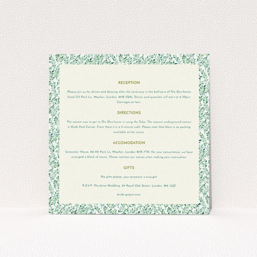 Wedding Insert Card Design - "From the hedge" A wedding insert card template titled "From the hedge". It is a square (148mm x 148mm) card in a square orientation. "From the hedge" is available as a flat card, with mainly green colouring.