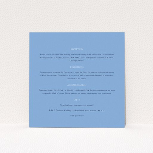 Wedding Information Insert Sheets - Front And Centre (Middle Blue) A wedding insert card design called "Front and centre". It is a square (148mm x 148mm) card in a square orientation. "Front and centre" is available as a flat card, with mainly light blue colouring.