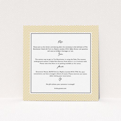 Wedding Insert Card Design - "Golden Lines" A wedding insert card design named "Golden Lines". It is a square (148mm x 148mm) card in a square orientation. "Golden Lines" is available as a flat card, with tones of gold and white.