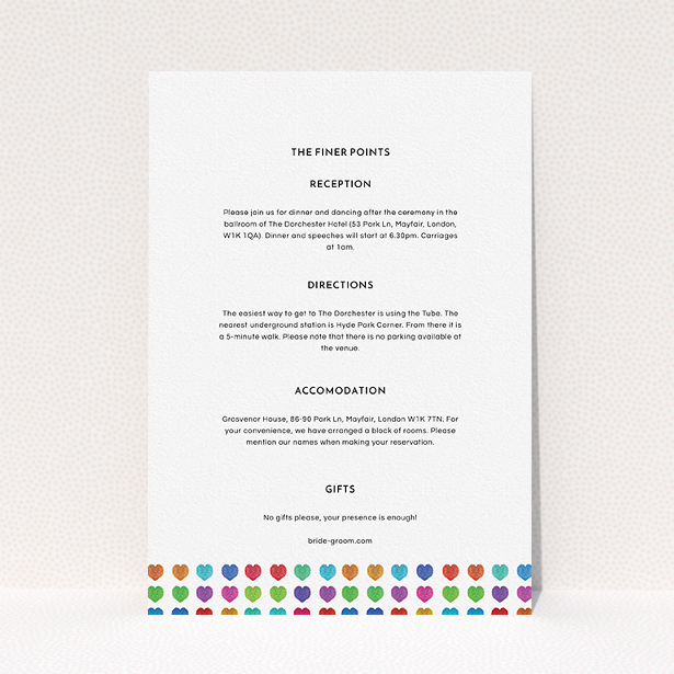 A wedding insert card design named "Heart cascade". It is an A5 card in a portrait orientation. "Heart cascade" is available as a flat card, with mainly green colouring.