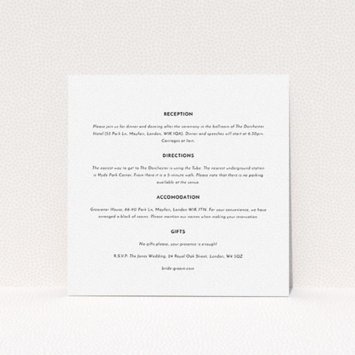 Wedding Insert Card Design - "Magic number" A wedding insert card design titled "Magic number". It is a square (148mm x 148mm) card in a square orientation. "Magic number" is available as a flat card, with mainly white colouring.