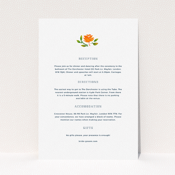 A wedding insert card named "Midsummer Wreath". It is an A5 card in a portrait orientation. "Midsummer Wreath" is available as a flat card, with tones of white and green.