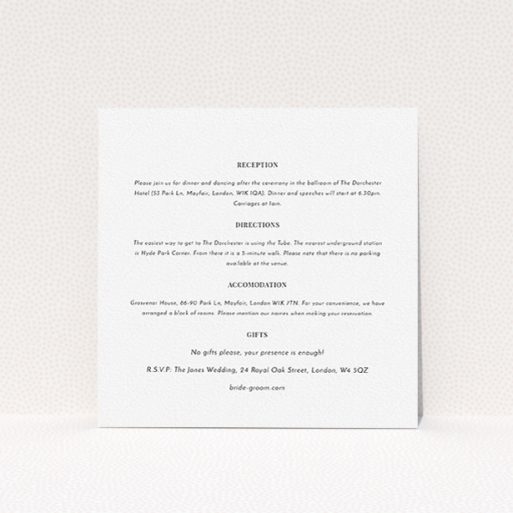 Wedding Insert Card Design - "On the fence" A wedding insert card template titled "On the fence". It is a square (148mm x 148mm) card in a square orientation. "On the fence" is available as a flat card, with mainly white colouring.