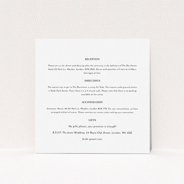 A wedding insert card template titled "On the fence". It is a square (148mm x 148mm) card in a square orientation. "On the fence" is available as a flat card, with mainly white colouring.