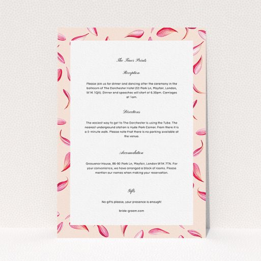 Wedding Insert Card Design - "Petal avalanche" A wedding insert card design titled "Petal avalanche". It is an A5 card in a portrait orientation. "Petal avalanche" is available as a flat card, with tones of pink and dark pink.