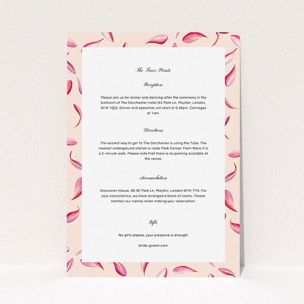 A wedding insert card design titled "Petal avalanche". It is an A5 card in a portrait orientation. "Petal avalanche" is available as a flat card, with tones of pink and dark pink.