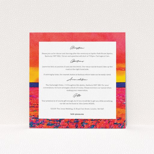 Wedding Insert Card Design - "Setting Sun" A wedding insert card called "Setting Sun". It is a square (148mm x 148mm) card in a square orientation. "Setting Sun" is available as a flat card, with tones of red and yellow.
