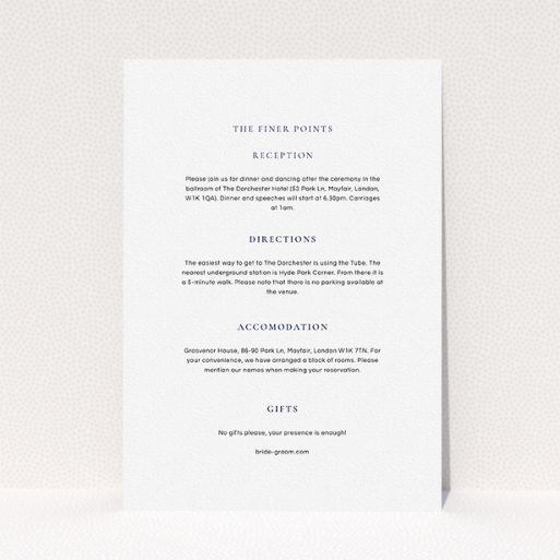 Wedding Information Insert Sheets - Signature Script (Navy Blue) A wedding insert card design named "Signature script". It is an A5 card in a portrait orientation. "Signature script" is available as a flat card, with mainly white colouring.