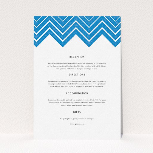 Wedding Insert Card Design - "Skiapthos" A wedding insert card named "Skiapthos". It is an A5 card in a portrait orientation. "Skiapthos" is available as a flat card, with tones of blue and white.