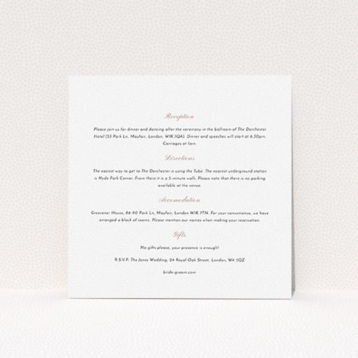 Wedding Information Insert Sheets - Square Slant (Pink And White) A wedding insert card named "Square slant". It is a square (148mm x 148mm) card in a square orientation. "Square slant" is available as a flat card, with mainly white colouring.