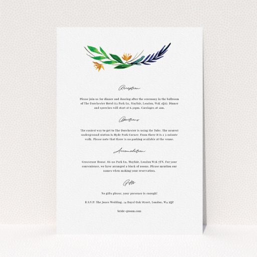 Wedding Insert Card Design - "Summer Whirl Wreath" A wedding insert card design called "Summer Whirl Wreath". It is an A5 card in a portrait orientation. "Summer Whirl Wreath" is available as a flat card, with tones of white and green.