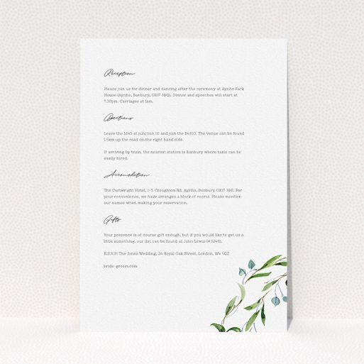 Wedding Insert Card Design - "Thin Watercolour Wreath" A wedding insert card design called "Thin Watercolour Wreath". It is an A5 card in a portrait orientation. "Thin Watercolour Wreath" is available as a flat card, with tones of white and green.