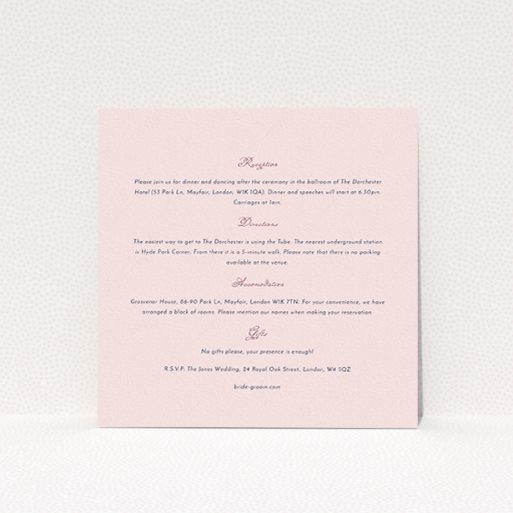 Wedding Information Insert Sheets - Wedding Bells (Pink) A wedding insert card named "Wedding bells". It is a square (148mm x 148mm) card in a square orientation. "Wedding bells" is available as a flat card, with mainly light pink colouring.