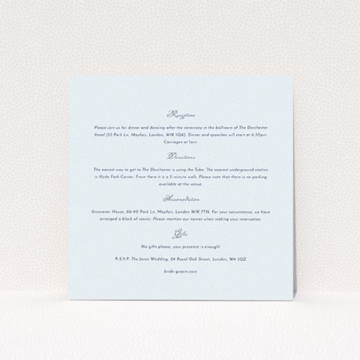 Wedding Information Insert Sheets - Wedding Bells (Light Blue) A wedding insert card named "Wedding bells". It is a square (148mm x 148mm) card in a square orientation. "Wedding bells" is available as a flat card, with tones of off-white and red.
