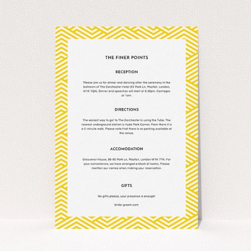 Wedding Insert Card Design - "Yellow lines" A wedding insert card design named "Yellow lines". It is an A5 card in a portrait orientation. "Yellow lines" is available as a flat card, with tones of yellow and white.