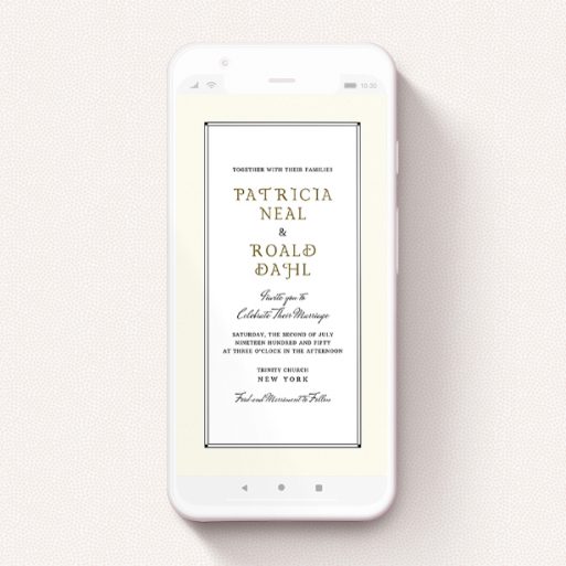 Wedding Invitation For Whatsapp Design - "Deco Cream " A wedding invitation for whatsapp design called "Deco Cream ". It is a smartphone screen sized invite in a portrait orientation. "Deco Cream " is available as a flat invite, with mainly cream colouring.