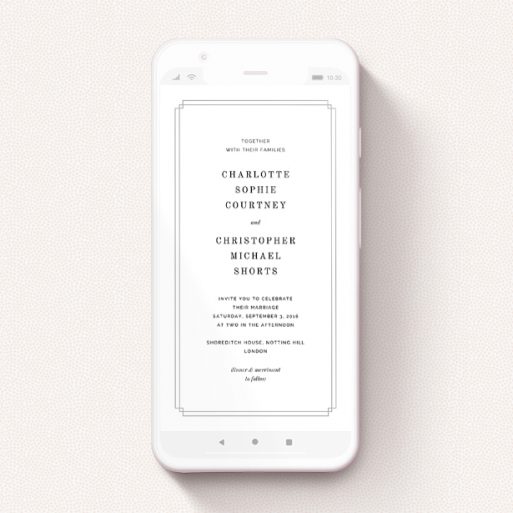 Wedding Invitation For Whatsapp Design - "Deco Notch Frame" A wedding invitation for whatsapp design titled "Deco Notch Frame". It is a smartphone screen sized invite in a portrait orientation. "Deco Notch Frame" is available as a flat invite, with tones of black and white.