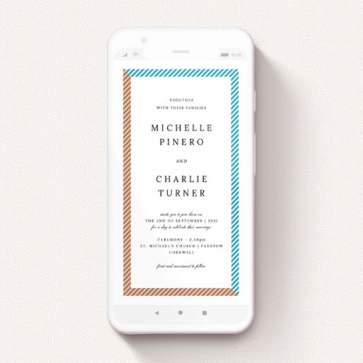 Wedding Invitation For Whatsapp Design - "Diagonal Frame" A wedding invitation for whatsapp named "Diagonal Frame". It is a smartphone screen sized invite in a portrait orientation. "Diagonal Frame" is available as a flat invite, with tones of white and light blue.