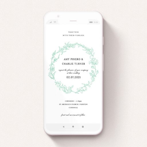 Wedding Invitation For Whatsapp Design - "Drawn Botanics" A wedding invitation for whatsapp named "Drawn Botanics". It is a smartphone screen sized invite in a portrait orientation. "Drawn Botanics" is available as a flat invite, with tones of green and white.